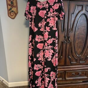 LuLaRoe Maria Black Maxi Dress with Pink Floral Design - size M
